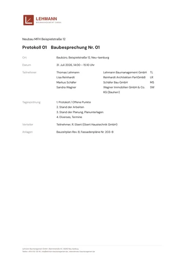 Beispiel eines Baubesprechungs-Protokolls